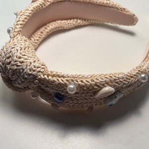 Elegant Beige Knotted Headband with Pearls & Shells